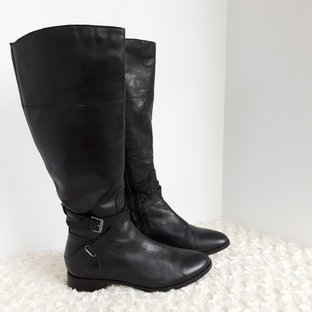 Clark's black leather buckle harness riding boots.